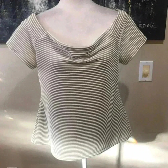 7th Avenue NY & Co Tan and White Draped Neckline Horizontal Striped Top-XL - Picture 1 of 12
